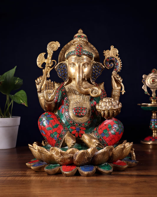 Brassaura™ Brass Ganapati Seated on Lotus with Meenakari Stonework | Height 12 Inches & Weight 10 Kgs