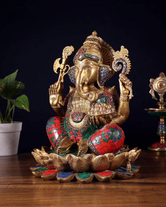 Brassaura™ Brass Ganapati Seated on Lotus with Meenakari Stonework | Height 12 Inches & Weight 10 Kgs
