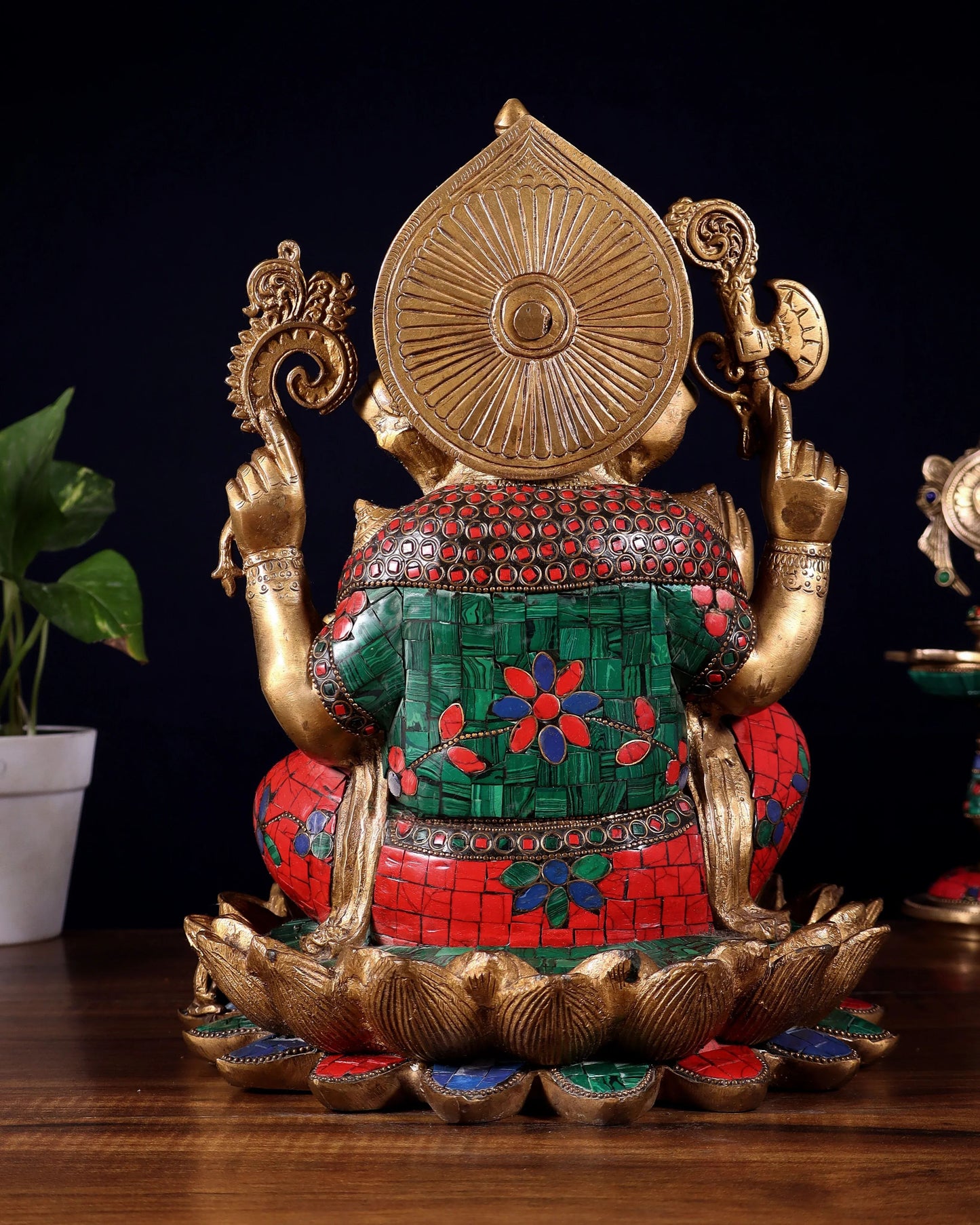 Brassaura™ Brass Ganapati Seated on Lotus with Meenakari Stonework | Height 12 Inches & Weight 10 Kgs