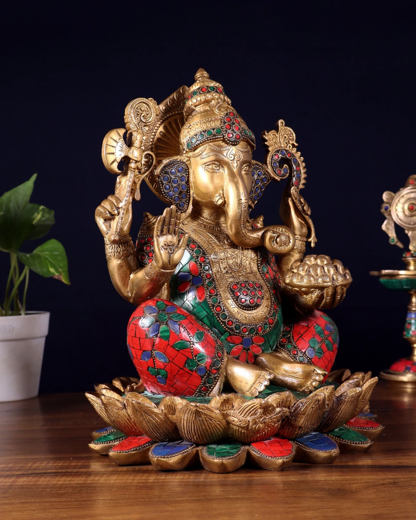 Brassaura™ Brass Ganapati Seated on Lotus with Meenakari Stonework | Height 12 Inches & Weight 10 Kgs