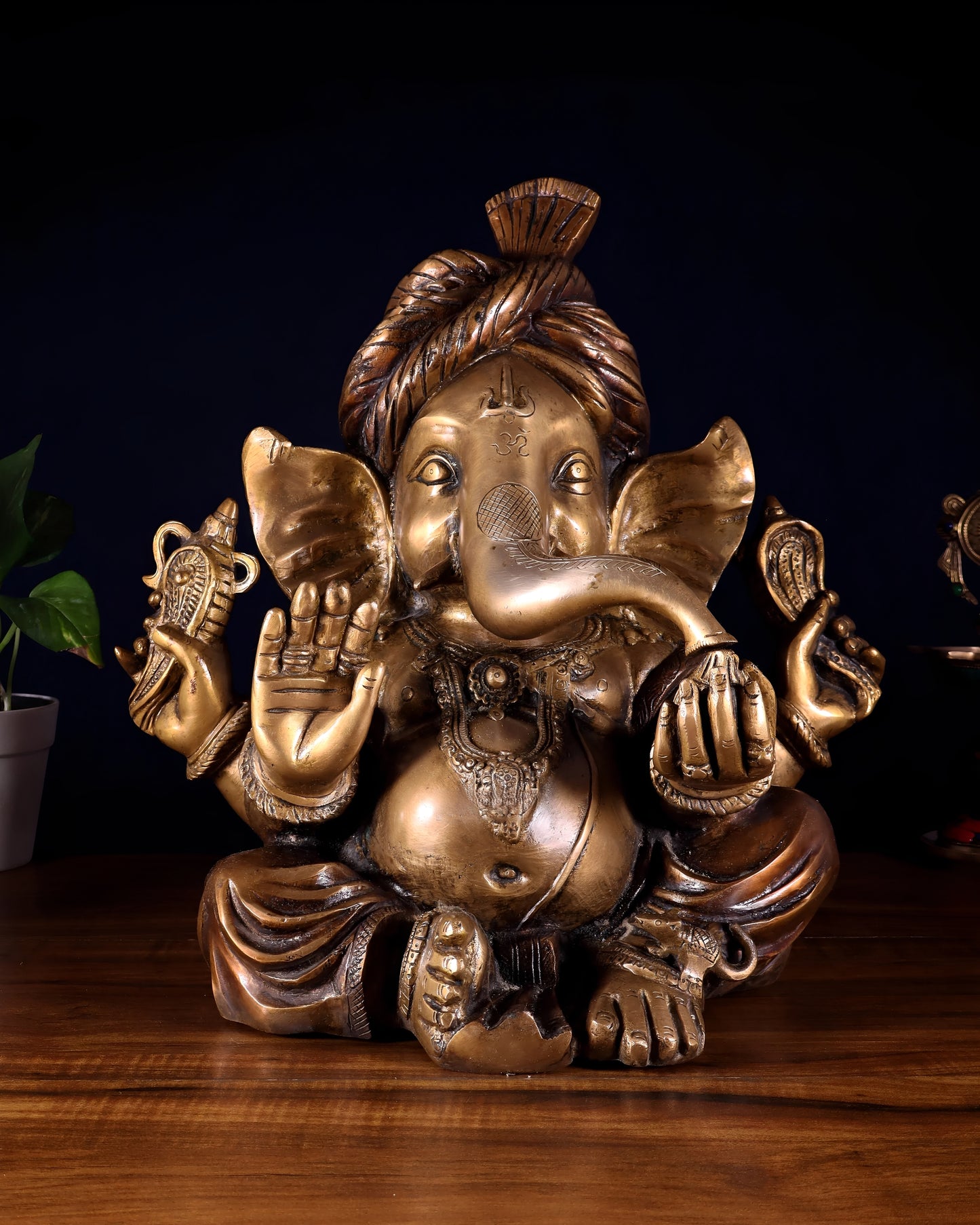 Brassaura™ Brass Ganesha Idol with Pagadi Turban | Height 13.5 Inches & Weight 14 Kgs