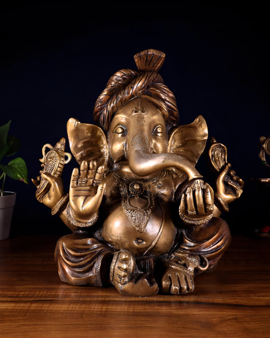 Brassaura™ Brass Ganesha Idol with Pagadi Turban | Height 13.5 Inches & Weight 14 Kgs