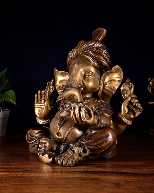 Brassaura™ Brass Ganesha Idol with Pagadi Turban | Height 13.5 Inches & Weight 14 Kgs