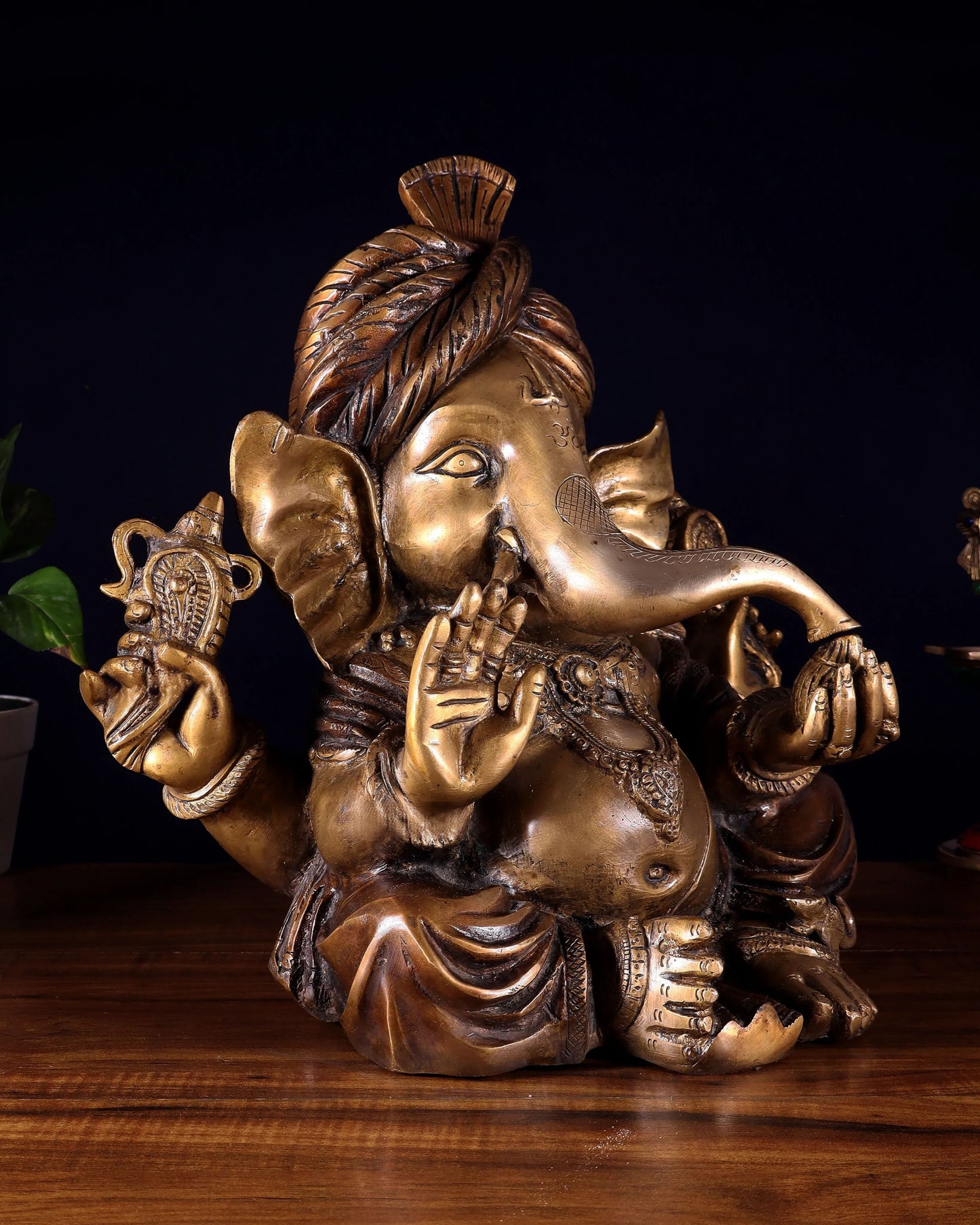 Brassaura™ Brass Ganesha Idol with Pagadi Turban | Height 13.5 Inches & Weight 14 Kgs