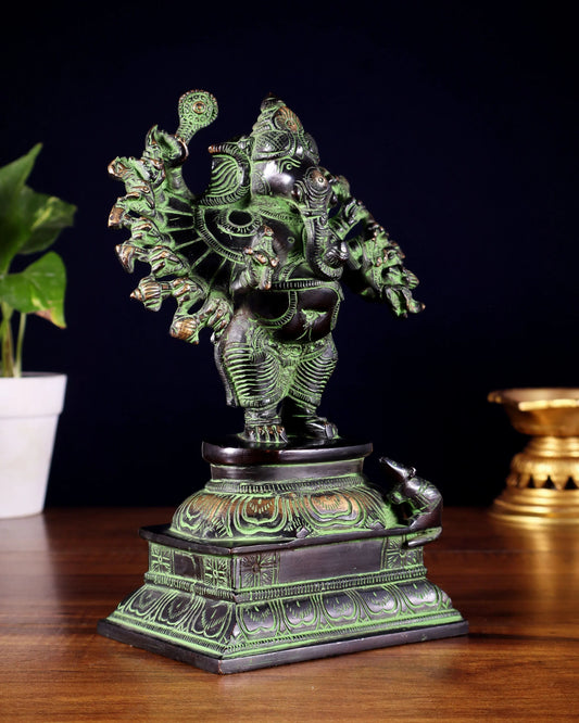 Brassaura™ Superfine Brass Standing Lord Ganesha Idol with 16 Arms | Height 8.5 Inches & Weight 2.8 Kgs