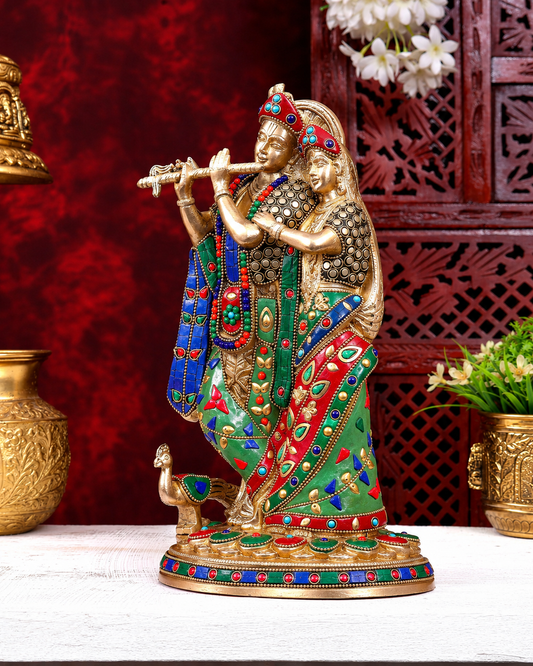 Brassaura® Radha Krishna Standing Idol with Multi-Color Meenakari Finish | Pure Superfine Brass Handcrafted Murti | Brass Statue for Home Temple, Pooja Room | Height 12 Inches | Weight 4 Kgs