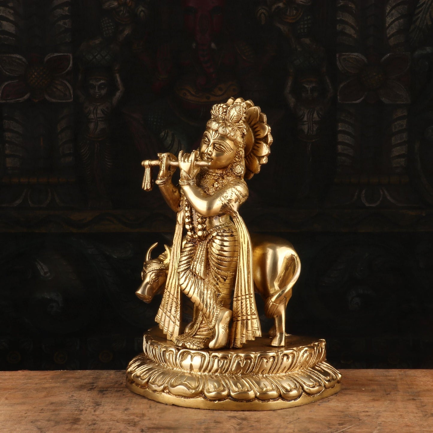 Brass Royal Golden Cow & Krishna Weight 3.3 Kg And Height 9.4 Inch