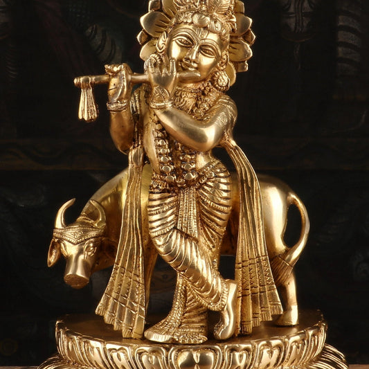 Brass Royal Golden Cow & Krishna Weight 3.3 Kg And Height 9.4 Inch