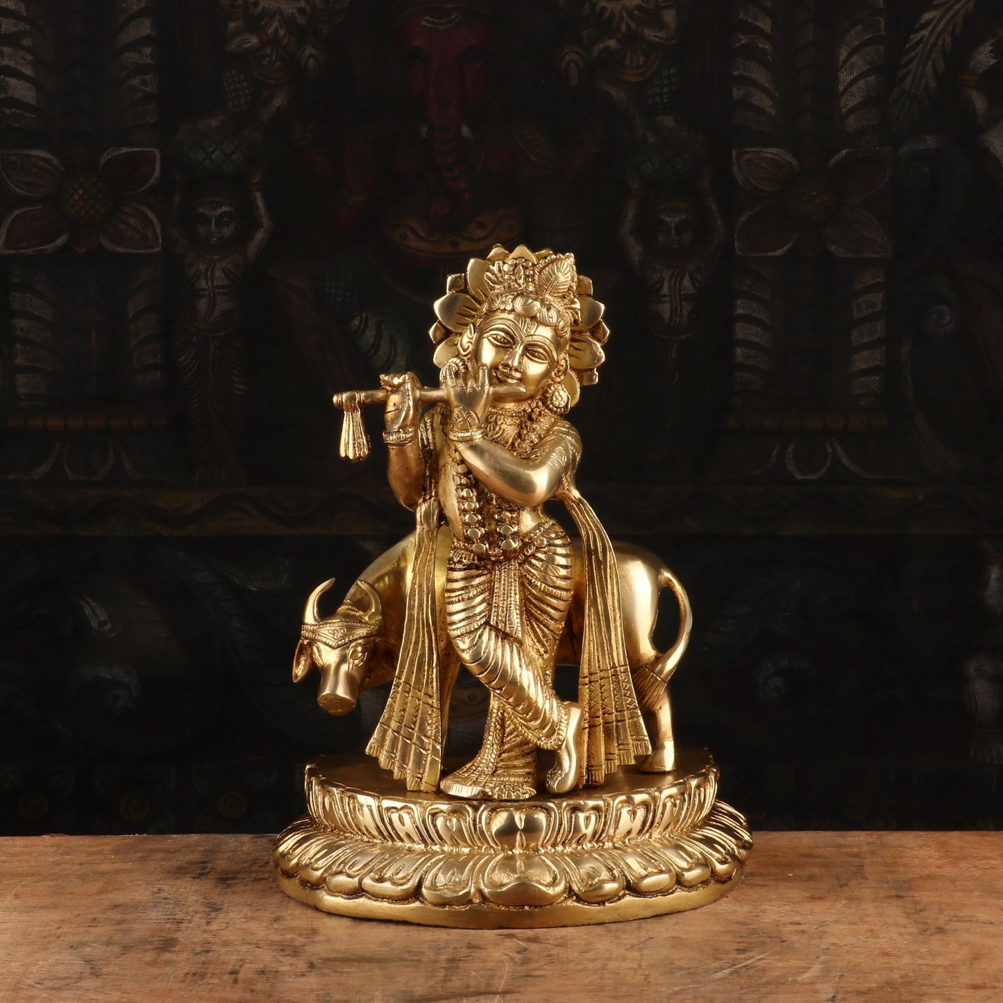 Brass Royal Golden Cow & Krishna Weight 3.3 Kg And Height 9.4 Inch