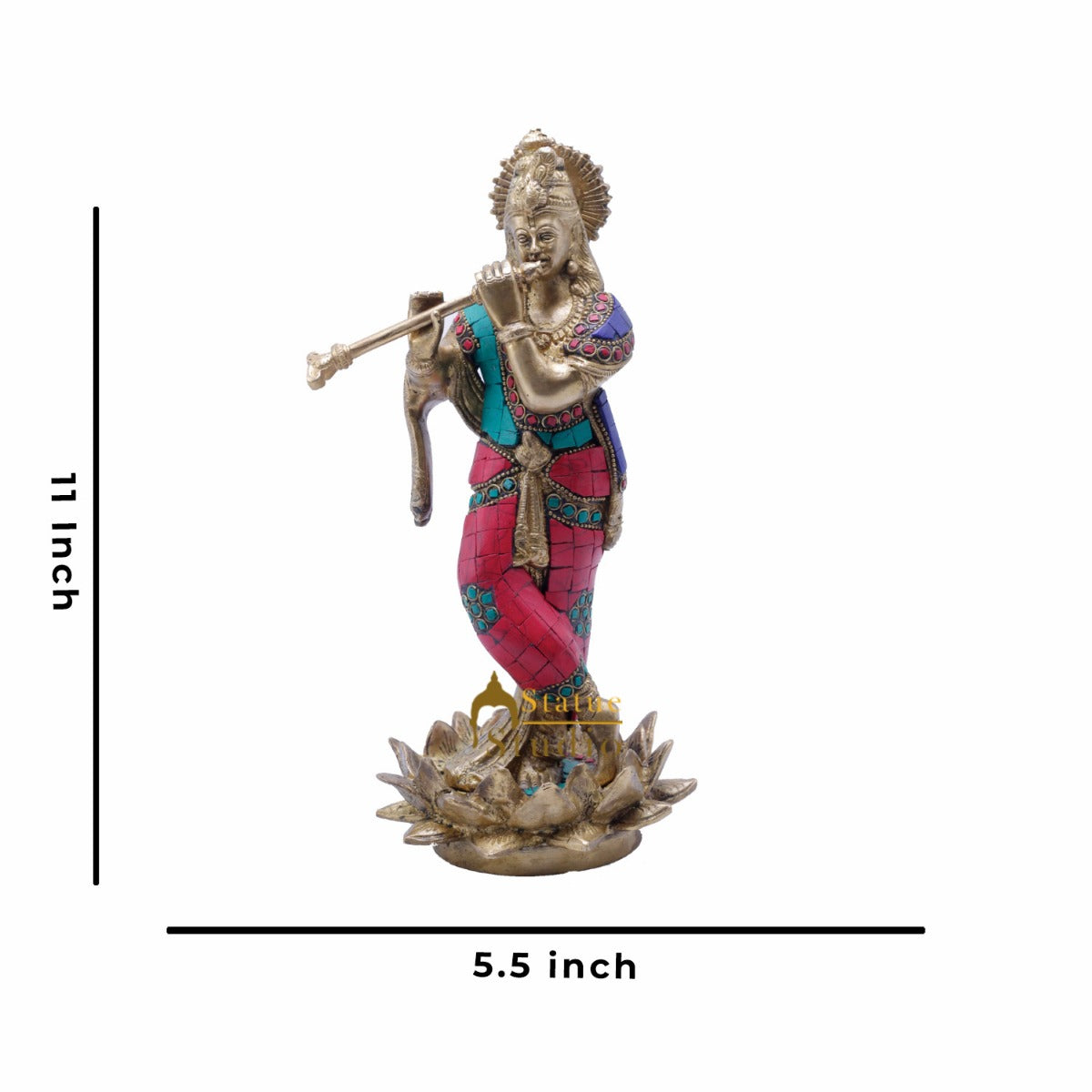 Brass Gem Stone Work Krishna Playing Flute Weight 2.8 Kg And Height 11 Inch