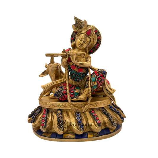 Brass Krishna Gem Stone Work Murti for Home and Decor Weight 3.2 Kg Height 23 cm