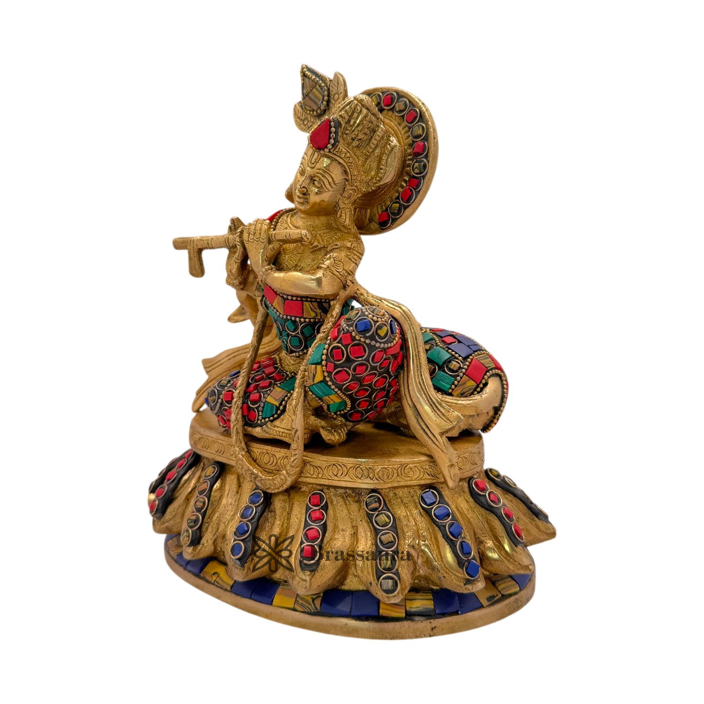 Brass Krishna Gem Stone Work Murti for Home and Decor Weight 3.2 Kg Height 23 cm