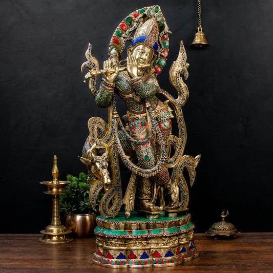 Brassaura® Lord Krishna Playing Flute with Cow Idol with Stonework Finish | Pure Superfine Brass Handcrafted Murti | Brass Statue for Home Temple, Pooja Room, Spiritual Décor & Luxury Gifting | Weight 40 Kg