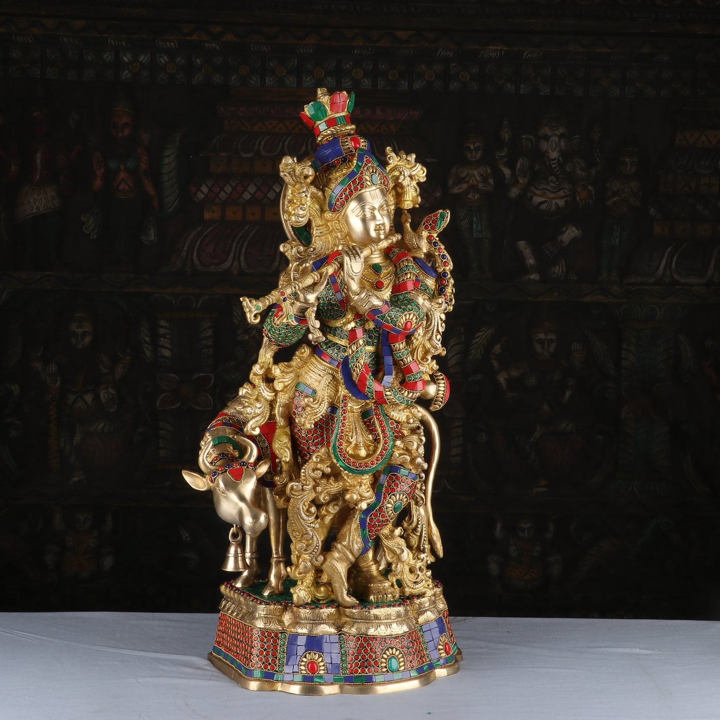 Brass Gem Stone Work Cow & Krishna Weight 22 Kg And Height 26 Inch