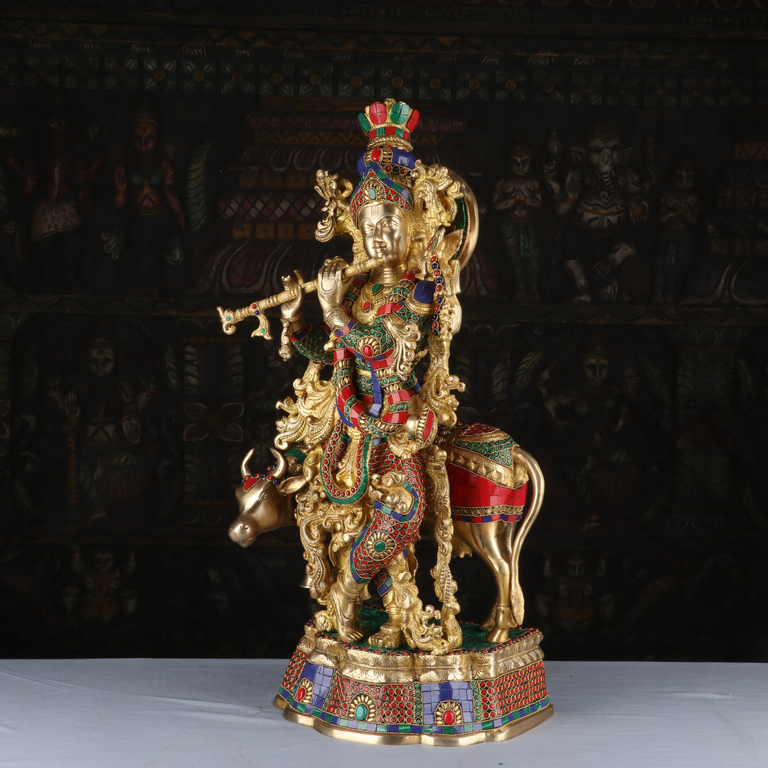 Brass Gem Stone Work Cow & Krishna Weight 22 Kg And Height 26 Inch