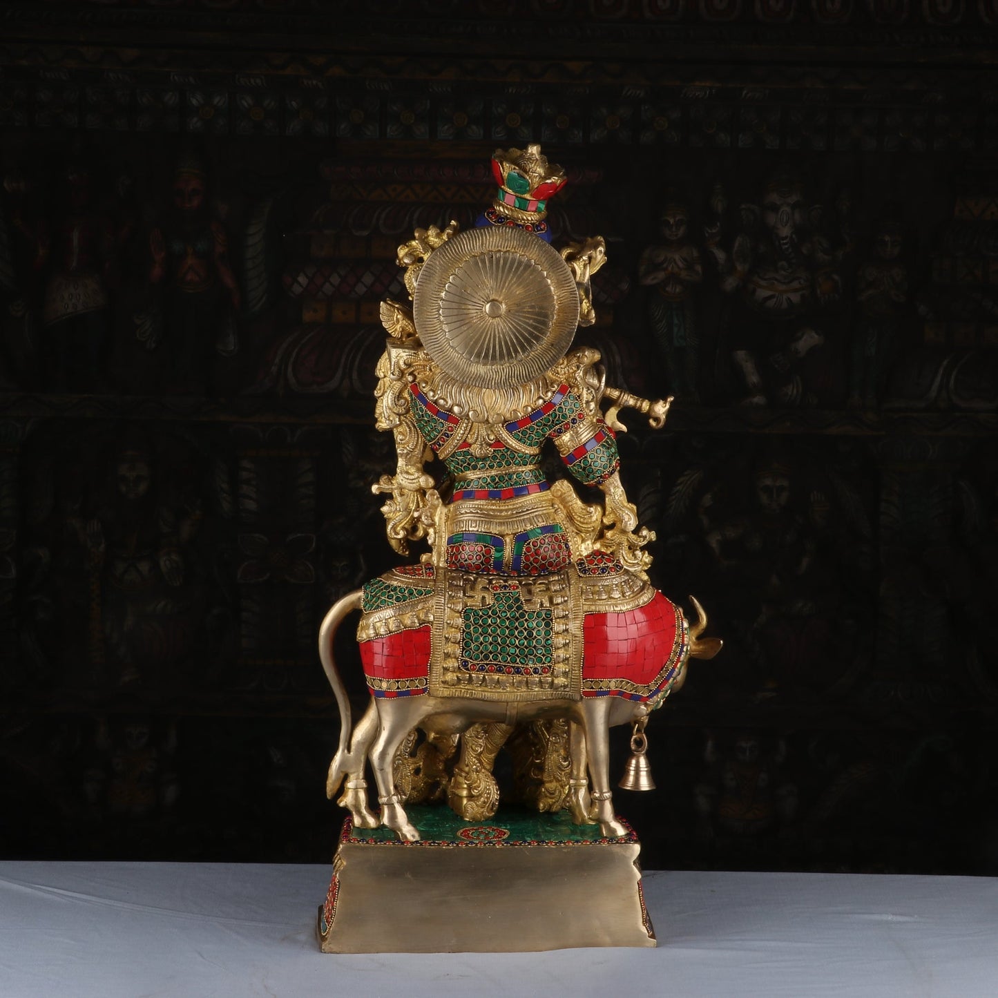 Brass Gem Stone Work Cow & Krishna Weight 22 Kg And Height 26 Inch