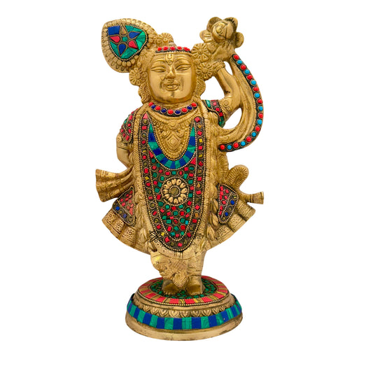 Brass Gem Stone Work Shrinath Gowardhan Krishna Idol Height 33 cm Weight 4.2 Kg