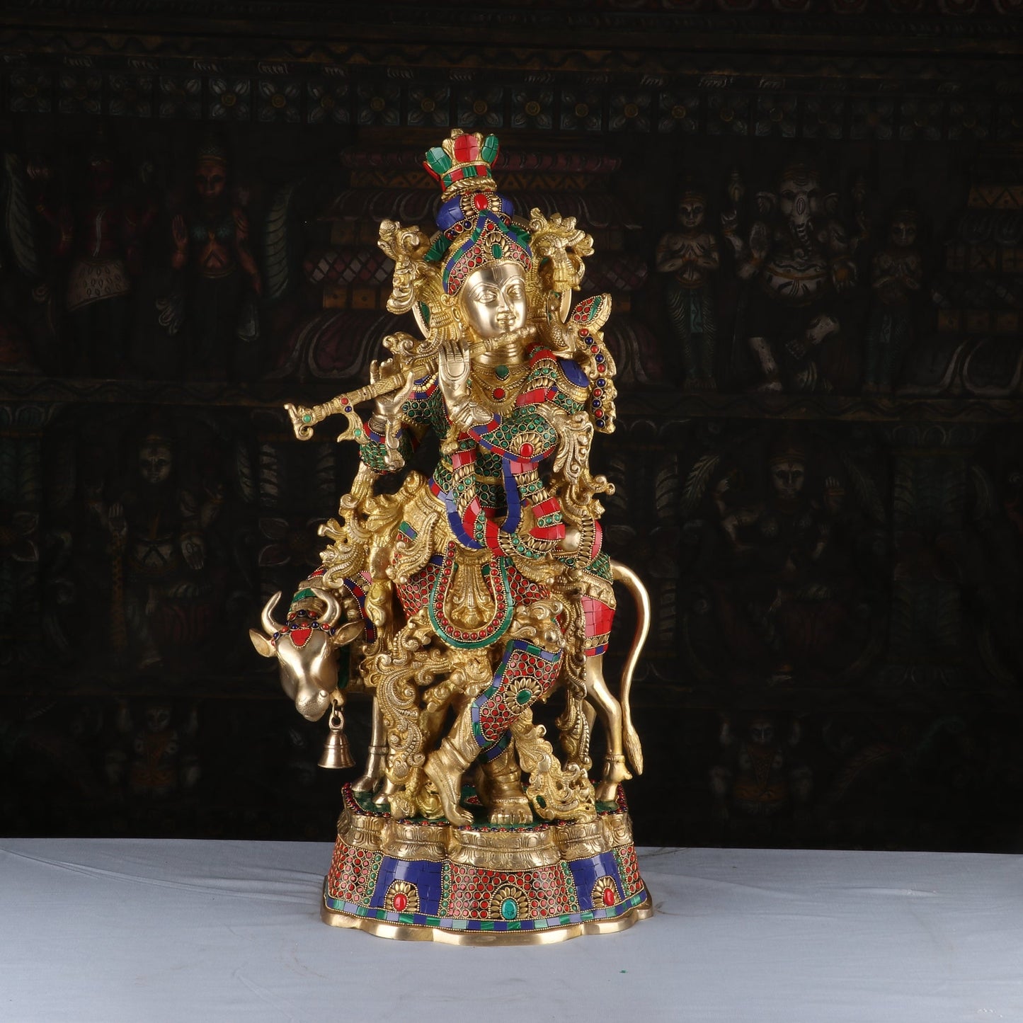 Brass Gem Stone Work Cow & Krishna Weight 22 Kg And Height 26 Inch