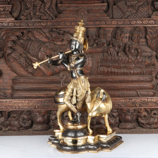 Brass Cow & Krishna Playing Flute Weight 25.5 Kg And Height 26 Inch