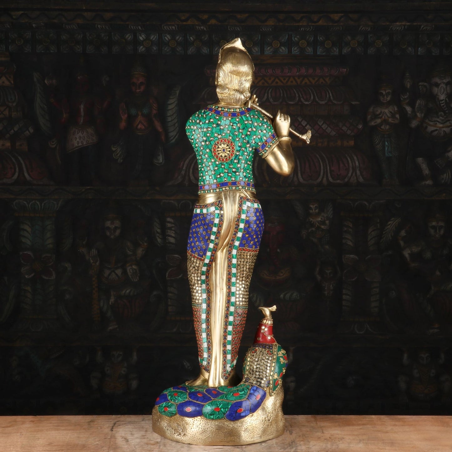 Brass Standing Gem Stone Work Krishna Playing Flute Weight 16 Kg And Height 29.5 Inch