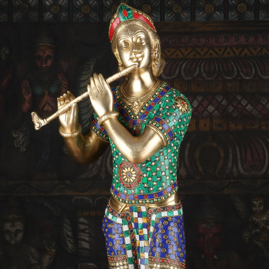 Brassaura® Lord Krishna Playing Flute Idol with Multi-Color Stone Work Finish | Pure Superfine Brass Handcrafted Murti | Brass Statue for Home Temple, Pooja Room, Spiritual Décor & Luxury Gifting | Height 29.5 Inches | Weight 16 Kg