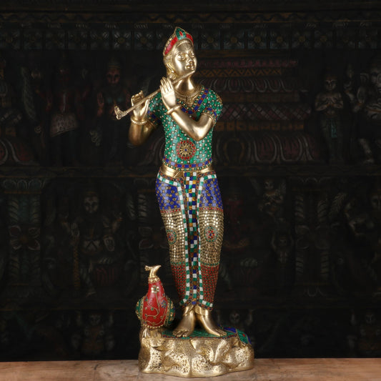 Brass Standing Gem Stone Work Krishna Playing Flute Weight 16 Kg And Height 29.5 Inch