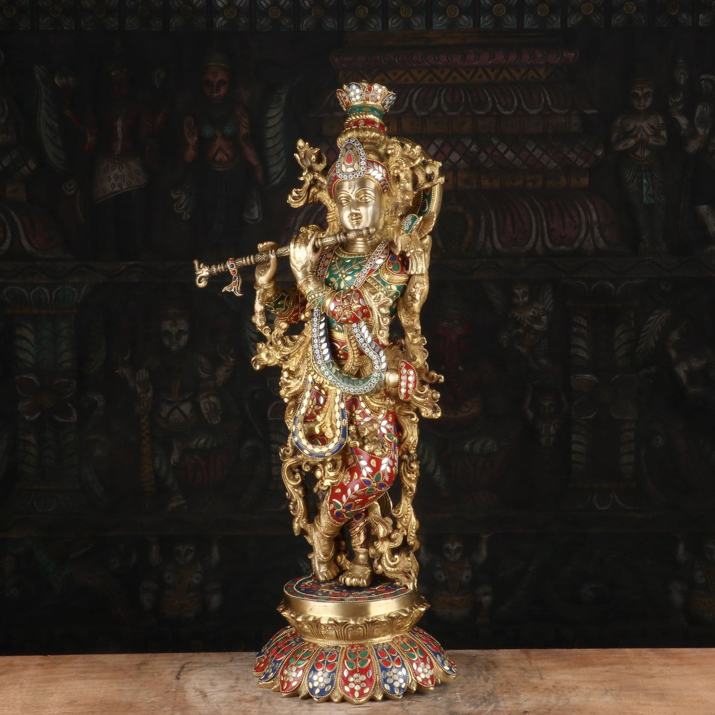 Brass Gem Stone Work Krishna Playing Flute Weight 16.5 Kg And Height 26 Inch