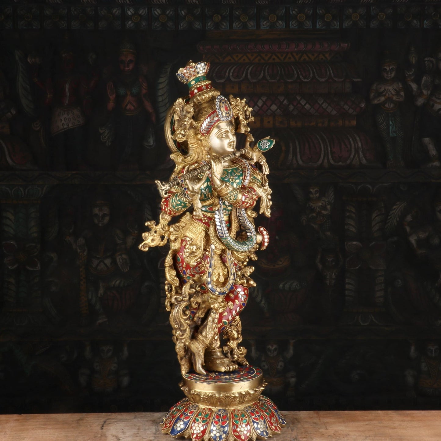 Brass Gem Stone Work Krishna Playing Flute Weight 16.5 Kg And Height 26 Inch