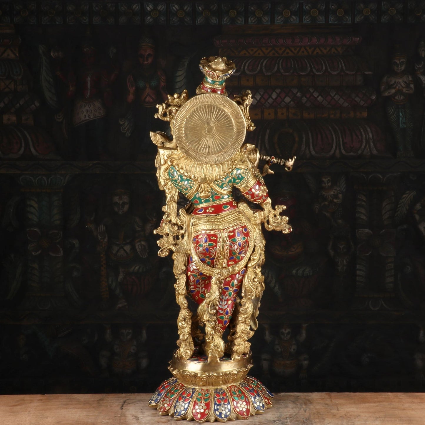 Brass Gem Stone Work Krishna Playing Flute Weight 16.5 Kg And Height 26 Inch