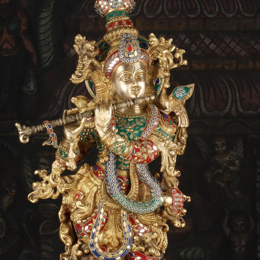 Brassaura® Lord Krishna Playing Flute Idol with Multi-Color Stone Work Finish | Pure Superfine Brass Handcrafted Murti | Brass Statue for Home Temple, Pooja Room, Spiritual Décor & Luxury Gifting | Height 26 Inches | Weight 16.5 Kg