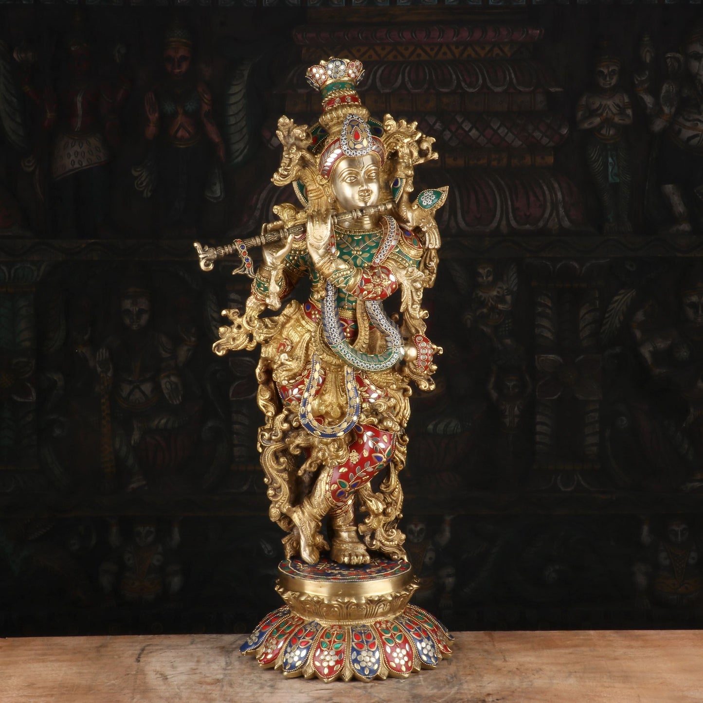 Brass Gem Stone Work Krishna Playing Flute Weight 16.5 Kg And Height 26 Inch