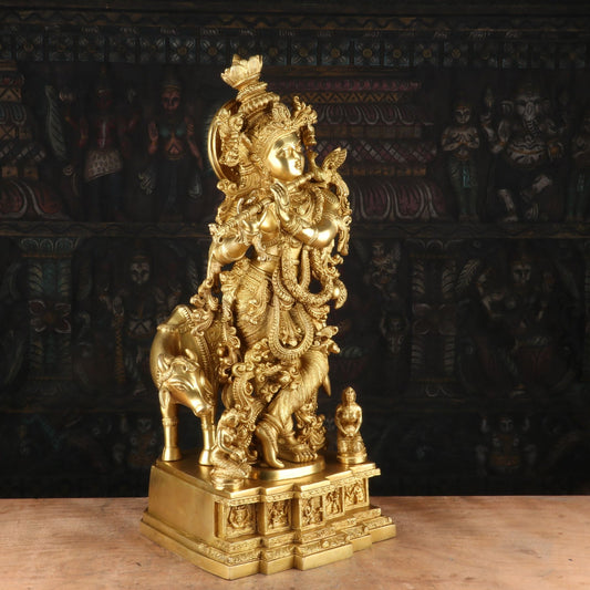 Brassaura® Lord Krishna Playing Flute Idol with Cow | Pure Superfine Brass Handcrafted Murti | Brass Statue for Home Temple, Pooja Room, Living Room Décor & Spiritual Gifting | Height 27.5 Inches | Weight 27.5 Kg