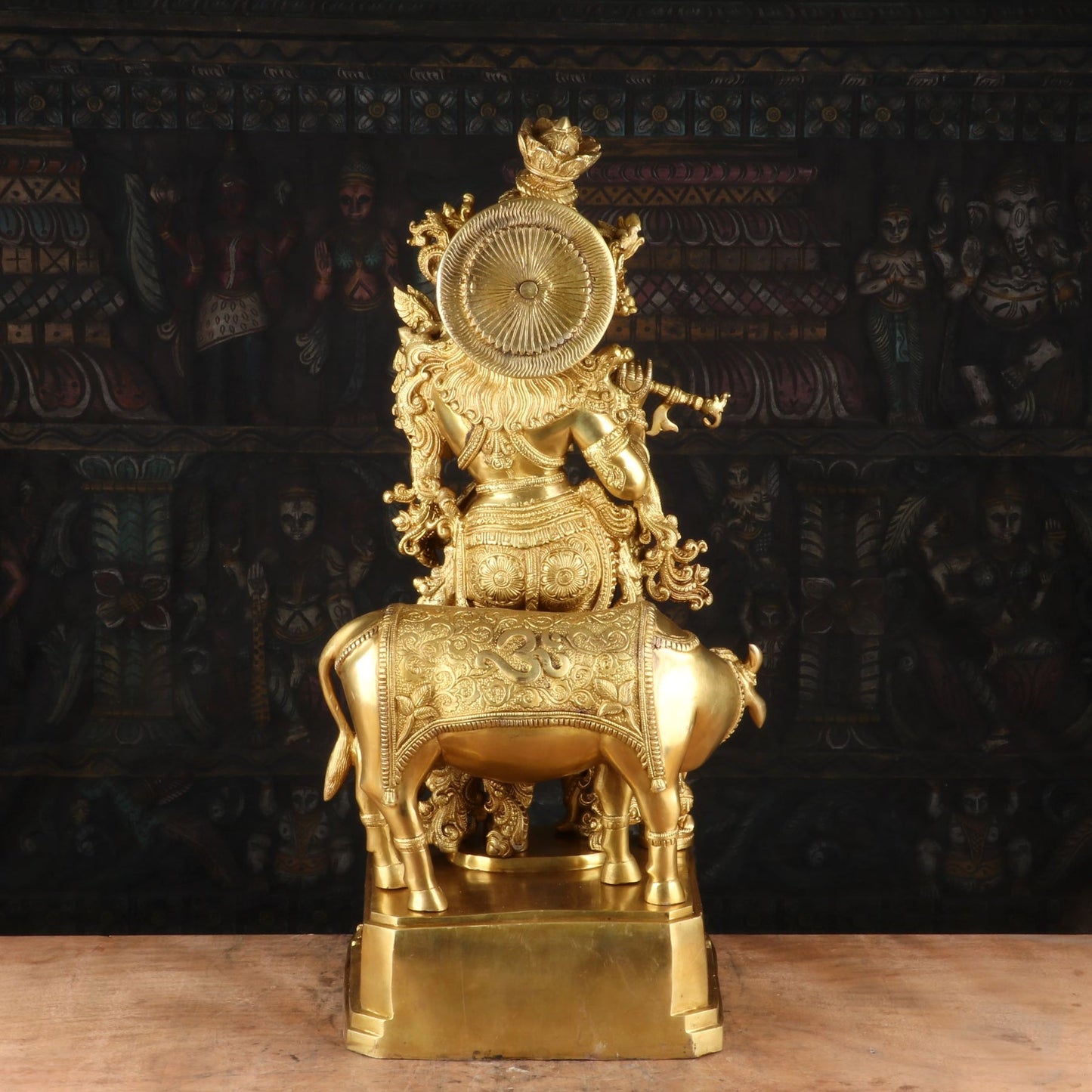 Brass Cow & Krishna Playing Flute Weight 35 Kg And Height 28 Inch