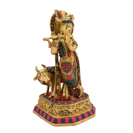 Brassaura® Krishna Playing Flute with Cow Idol with Multi-Color Finish | Pure Superfine Brass Handcrafted Murti | Brass Statue for Home Temple, Pooja Room | Height 9.5 Inches | Weight 2.5 Kgs