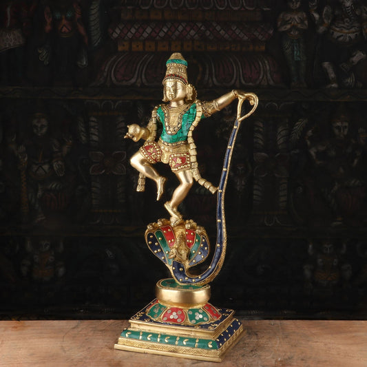Brass Gem Stone Work Dancing Krishna On Kaliya Naag Weight 8 Kg And Height 20.5 Inch