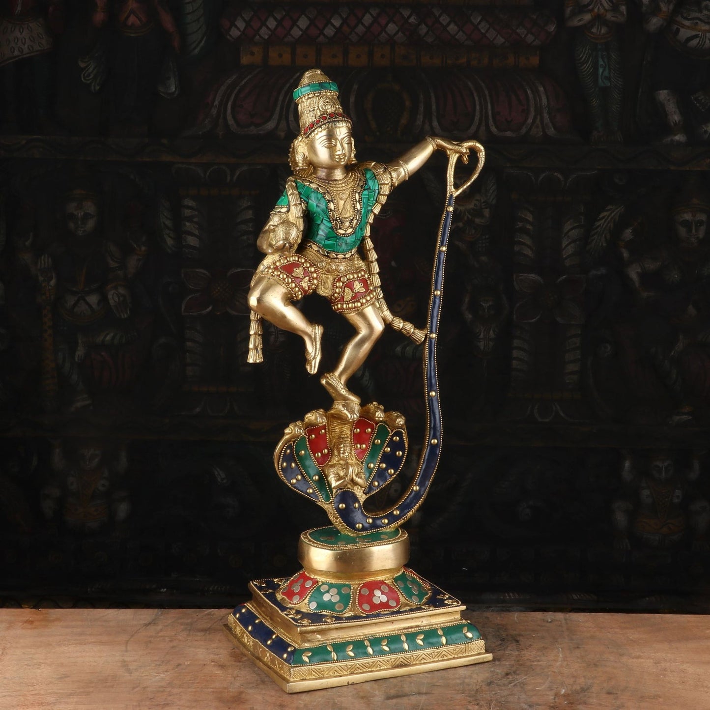 Brass Gem Stone Work Dancing Krishna On Kaliya Naag Weight 8 Kg And Height 20.5 Inch