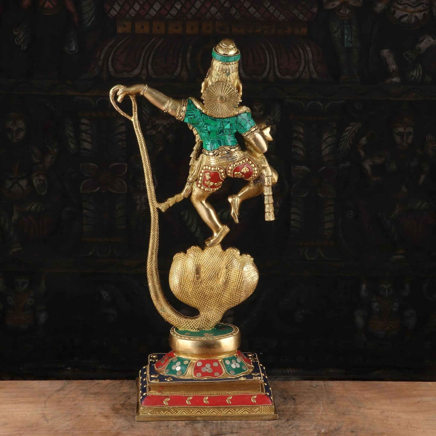 Brass Gem Stone Work Dancing Krishna On Kaliya Naag Weight 8 Kg And Height 20.5 Inch