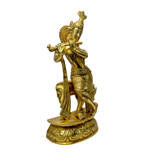Brassaura® Lord Krishna Playing Flute with Cow, Tribhanga Pose, Gold Finish | Pure Superfine Brass Handcrafted Murti | Brass Statue for Home Temple, Pooja Room | Height 14.96 Inches | Weight 4.5 Kgs