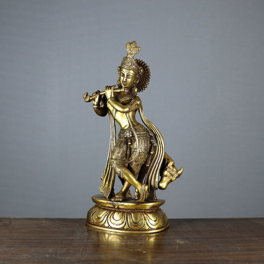 Brass Cow & Krishna Weight 4.4 Kg And Height 13 Inch