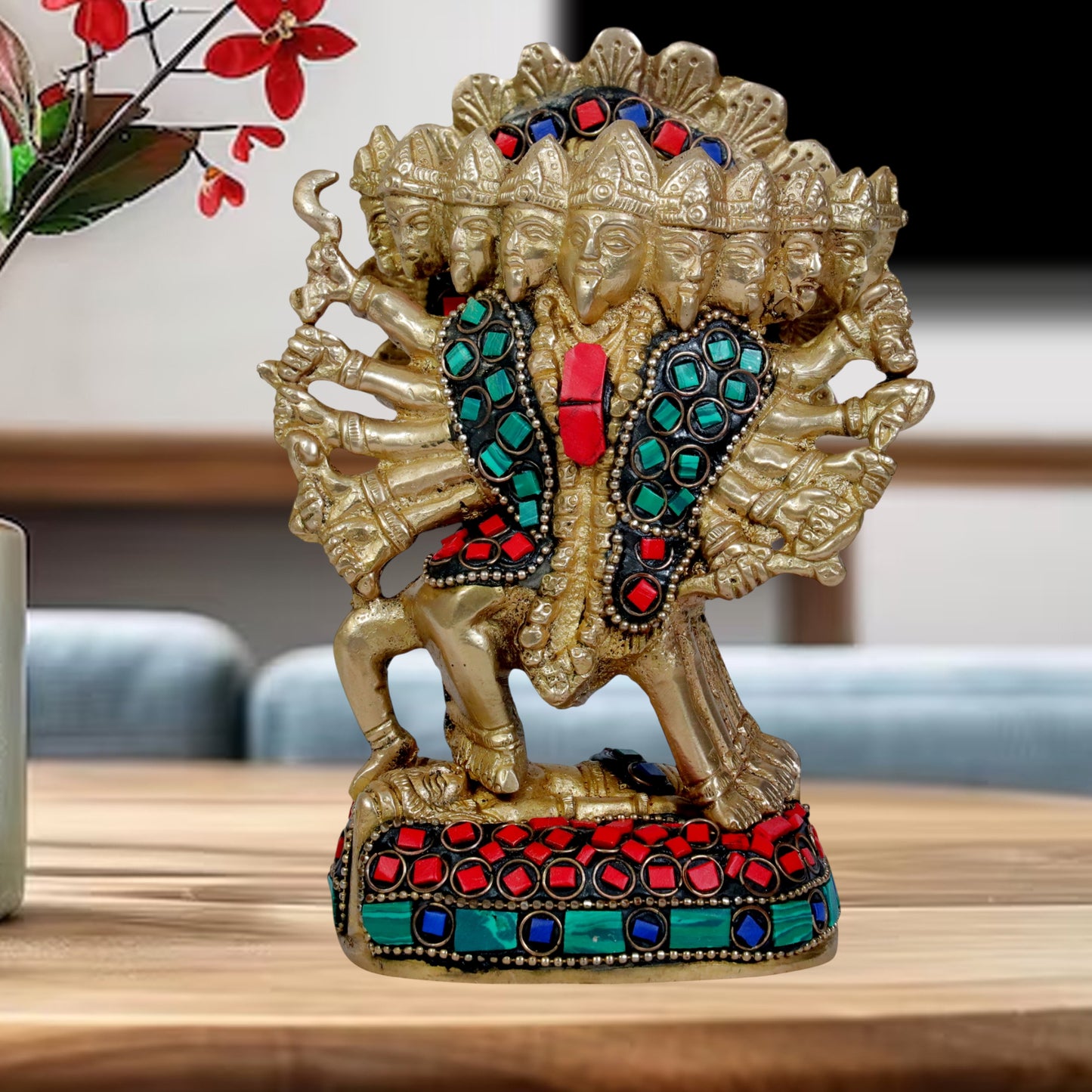 Brassaura™ Brass Gem Stone Work Kali Maa Idol – Height 8 Inches & Weight 1.25 Kgs | Hindu Goddess Statue