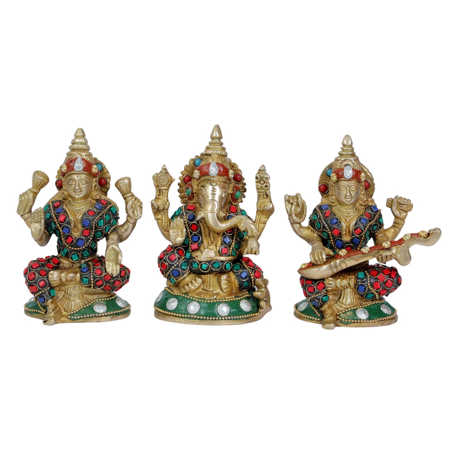 Brassaura™ Premium Brass Gem Stone Work Laxmi Ganesha Saraswati Idol – Height 6.8 Inches & Weight 2.35 Kgs | Hindu God Sculpture