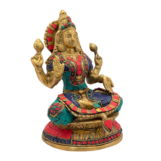 Brassaura™ Brass Gem Stone Work Goddess Laxmi Murti – Height 9.6 Inches & Weight 3.44 Kgs | Home & Temple Idol