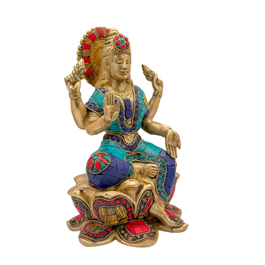Brassaura™ Devotional Brass Gem Stone Work Laxmi Idol – Height 5.2 Inches & Weight 3.6 Kgs | Spiritual Home Idol
