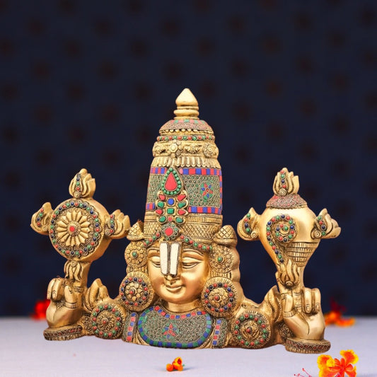 Brassaura® Wall Hanging Tirupati Balaji with Stone Work in Pure Brass | Height 16 Inches