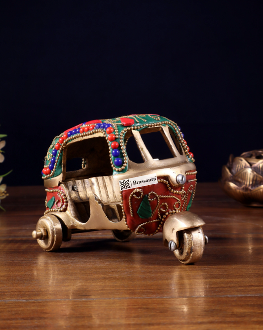 Brassaura™ Pure Brass Auto Rickshaw Showpiece with Colorful Stonework | Handcrafted Indian Souvenir Gift | Weight 520 g | Height 3 Inches