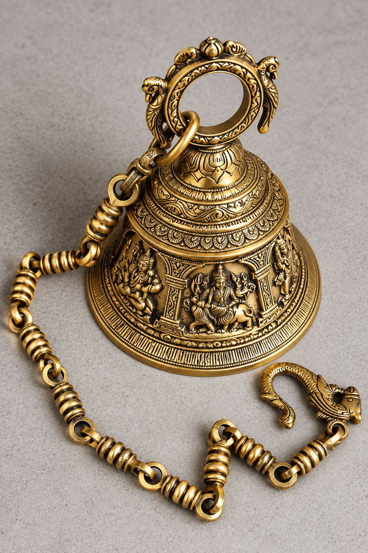 Brassaura® Brass Divine Temple Bell with Sacred Motifs | Handcrafted Hanging Ghanti with Chain | Height 8 Inches & Weight 3.6 Kgs