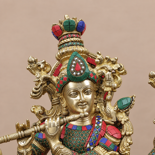 Brassaura® Radha Krishna Standing Idol Pair with Multi-Color Finish | Pure Superfine Brass Handcrafted Murti | Brass Statue for Home Temple, Pooja Room | Height 30 Inches | Weight 33.4 Kgs