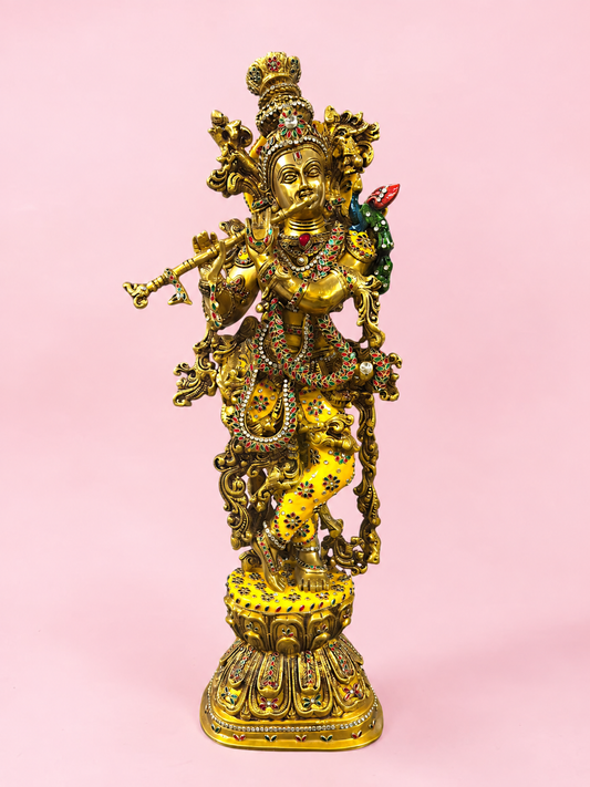 Brassaura® Radha Krishna Standing Idol Pair with Antique Brass Finish with Inlay Detailing | Pure Superfine Brass Handcrafted Murti | Brass Statue for Home Temple, Pooja Room | Height 30 Inches | Weight 35 Kgs