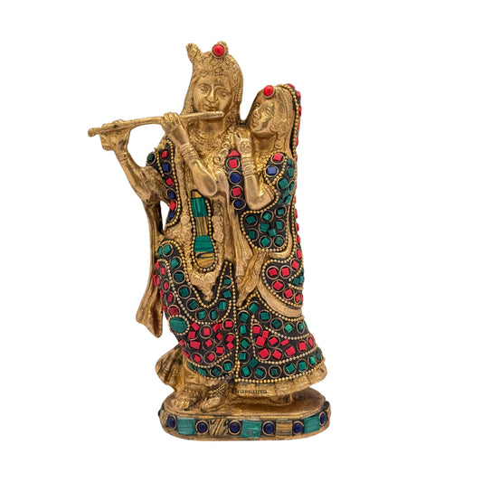 Brassaura™ Radha Krishna Murti with Gemstone Work | Pure Brass | Height 23 cm (9 Inches) & Weight 1.5 Kgs