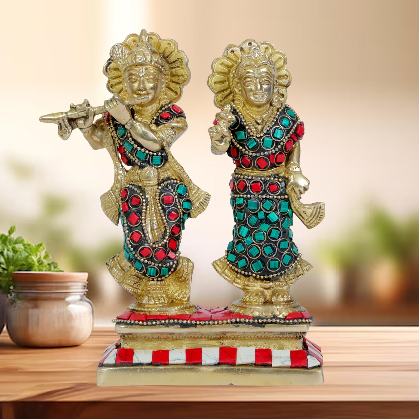 Brassaura™ Radha Krishna Murti with Gemstone Work | Pure Brass | Height 28 cm (11 inches) & Weight 1.41 kgs